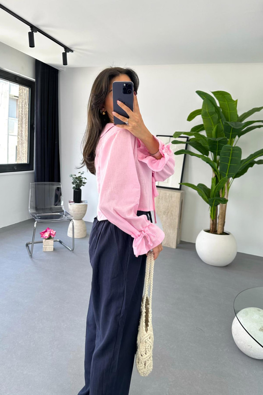 Enika Pembe Keten Önü Bağlamalı Bluz