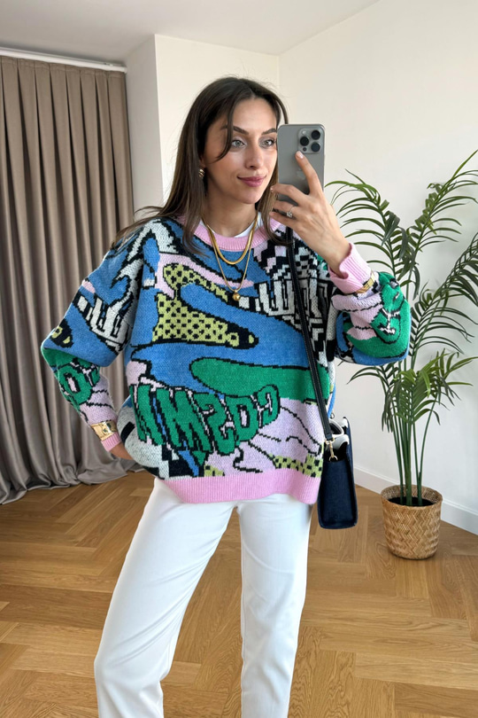 Cosm Çok Renkli Pembe Bisiklet Yaka Triko
