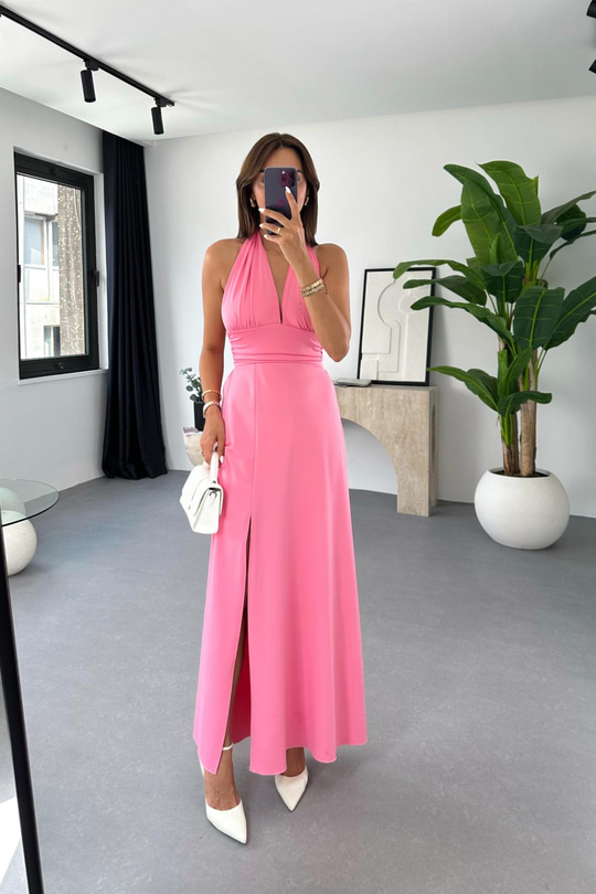 Lusa Pembe Boyundan Bağlamalı Elbise