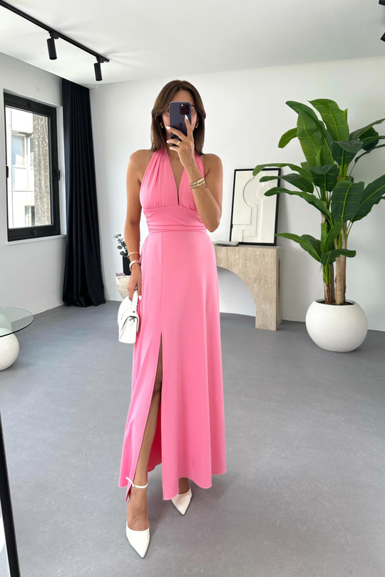 Lusa Pembe Boyundan Bağlamalı Elbise