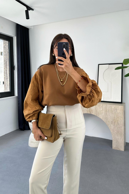 Eypia Camel Kol Detaylı Çelik Triko