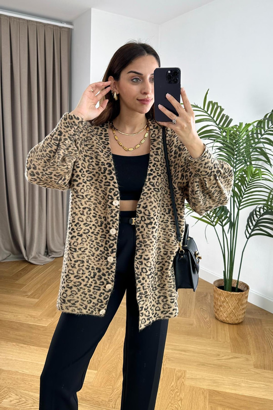Kahve Rengi Leopar Desenli Hırka