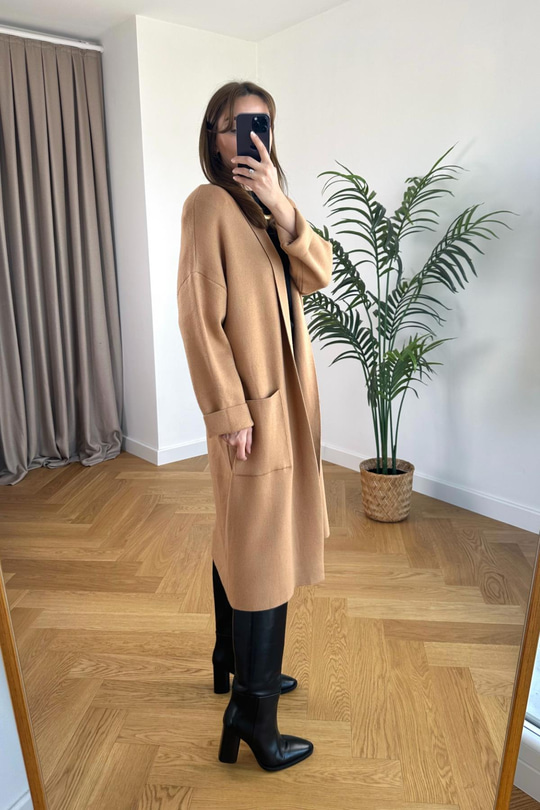 Goxeto Camel Şal Yaka Cepli Çelik Triko Hırka