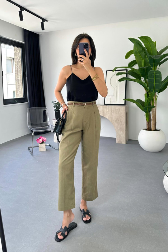 Talia Haki Kemer Detaylı Keten Pantolon