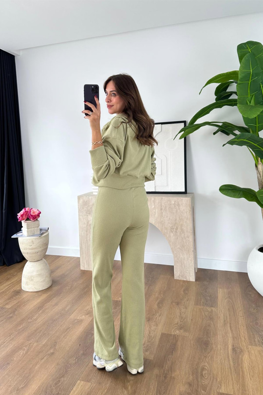 Monela Olive Fermuarlı Hırka Pantolon Takım