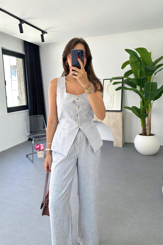 Lariss Açık Gri Beli Bağlamalı Yelek Pantolon Takım