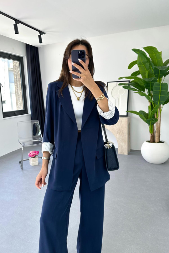 Dosy Lacivert Blazer Ceket Palazzo Pantolon Takım