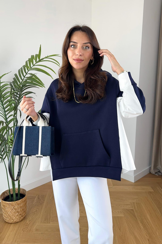 Zaren Lacivert Çift Kumaş Detaylı Sweatshirt