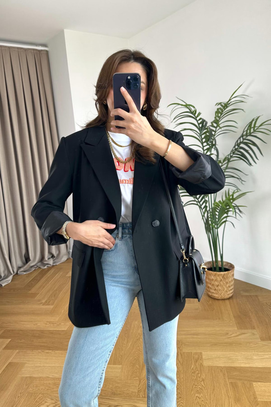 Olessa ZR Siyah Çift Düğme Detaylı Premium Blazer