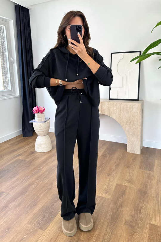 Mersale Siyah Beli Bağlamalı Modal Sweat Pantolon Takım