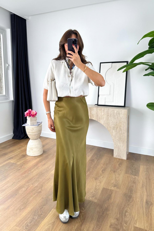 Shely Olive Beli Lastikli Maxi Boy Saten Etek