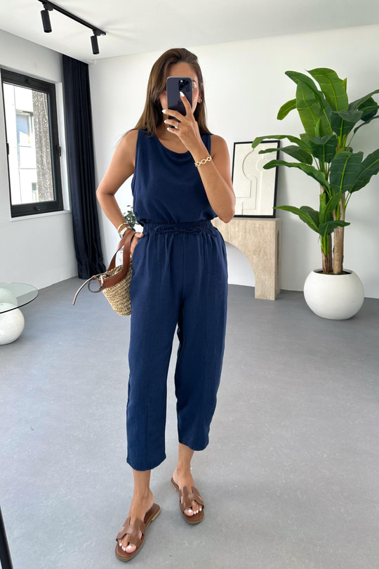 Tara Lacivert Beli Bağlamalı Bluz Pantolon Takım