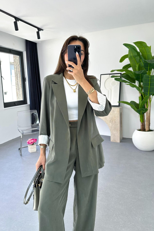Dosy Haki Blazer Ceket Palazzo Pantolon Takım