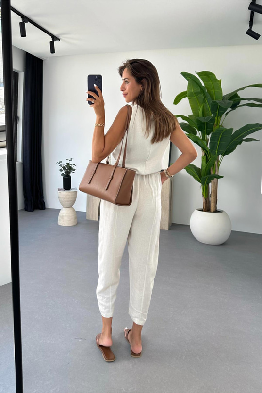 Tara Taş Beli Bağlamalı Bluz Pantolon Takım