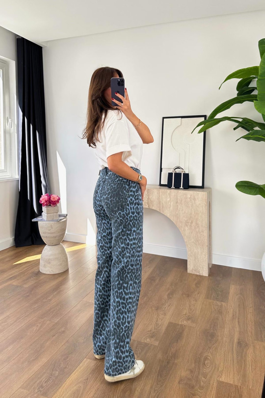 Zr Toxie Mavi Siyah Leopar Desenli Straight Jean