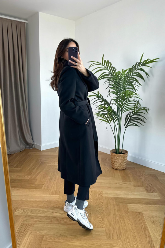 Timex Siyah Kuşaklı Astarlı Kaşe Kaban 