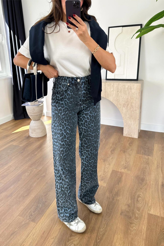 Zr Toxie Mavi Siyah Leopar Desenli Straight Jean