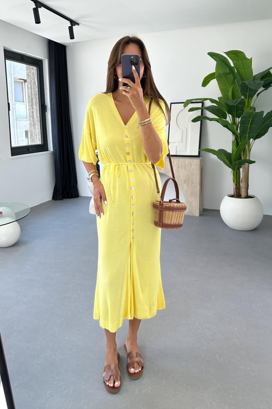 Yella Sarı Düğme Detaylı Elbise