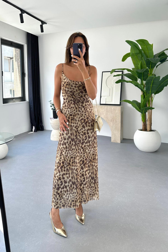 Tulla Leopar Desenli İp Askılı Tül Elbise