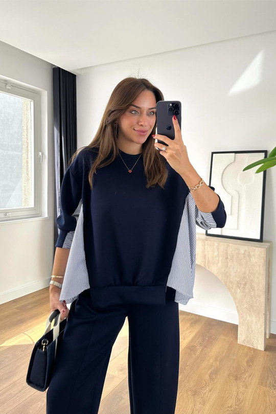 Sevsan Lacivert Garnili Modal Sweatshirt Pantolon Takım