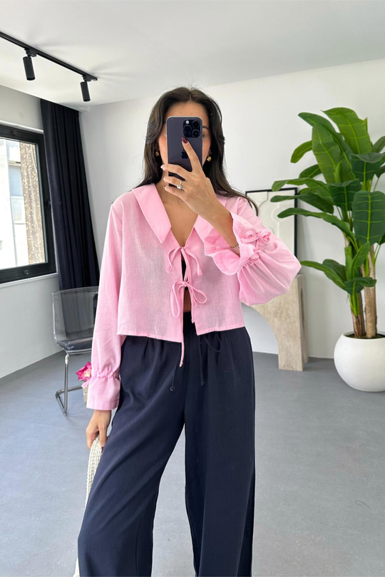 Enika Pembe Keten Önü Bağlamalı Bluz