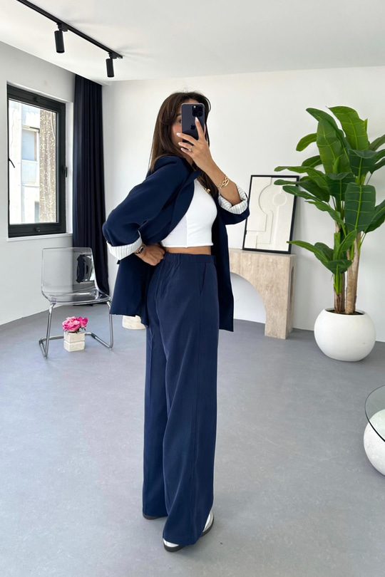 Dosy Lacivert Blazer Ceket Palazzo Pantolon Takım