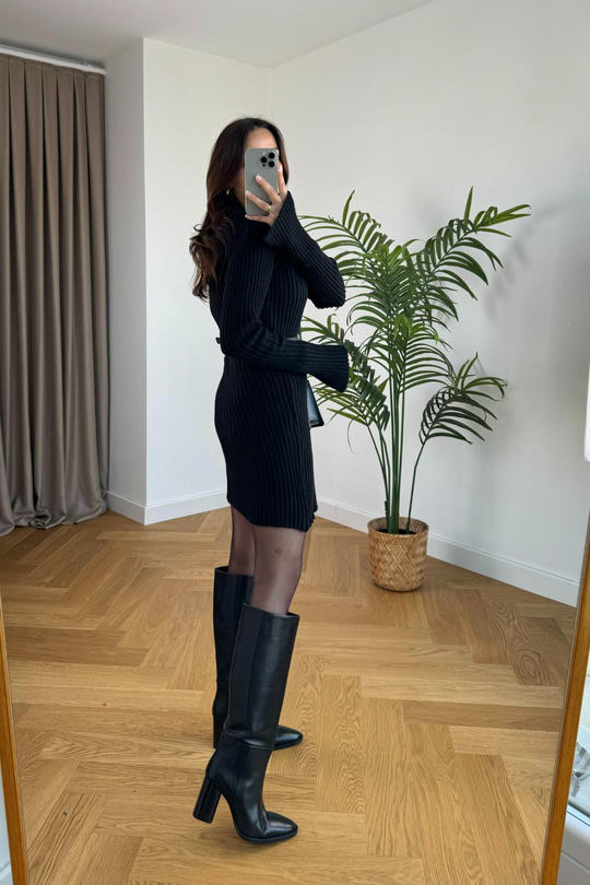Benty Siyah Fitilli Triko Çan Elbise