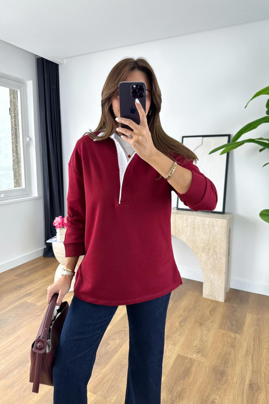 Jola Bordo Yaka Detaylı Sweatshirt