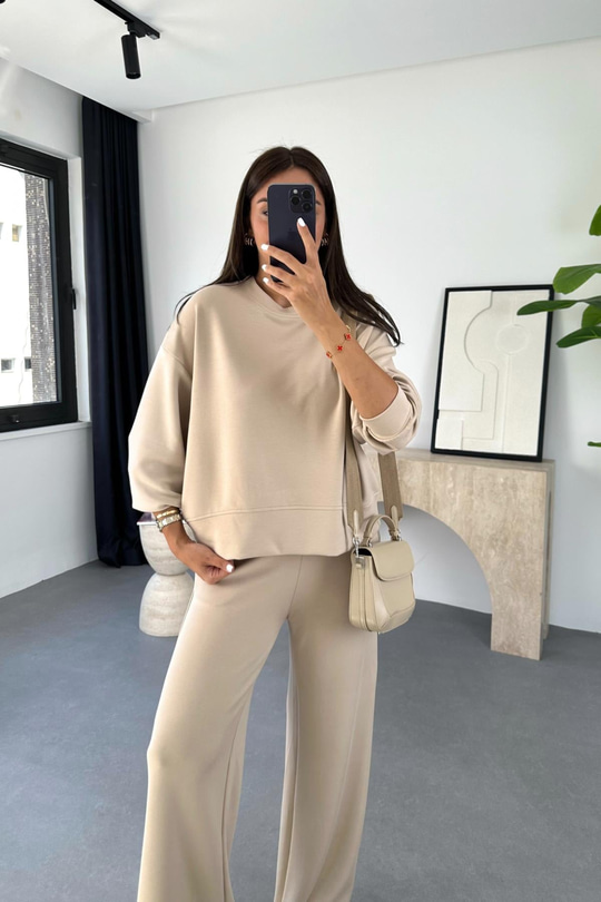 Torena Koyu Bej Sweat Eşofman Takım