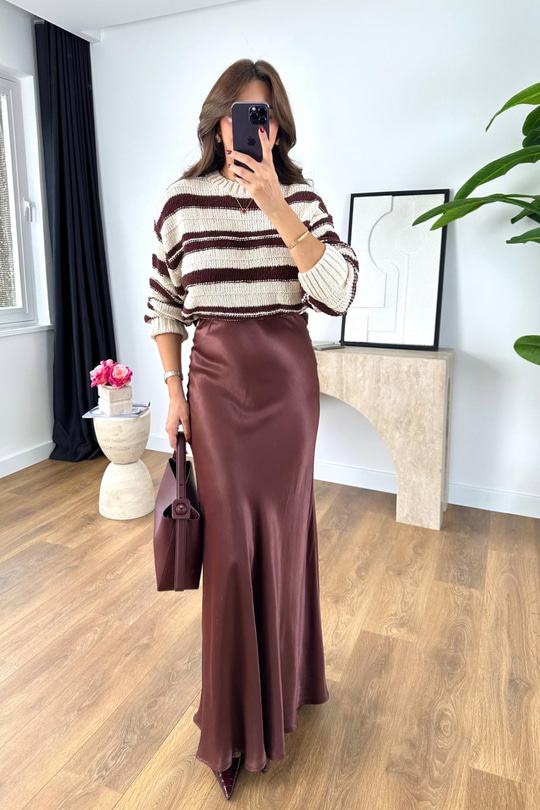 Shely Bordo Beli Lastikli Maxi Boy Saten Etek