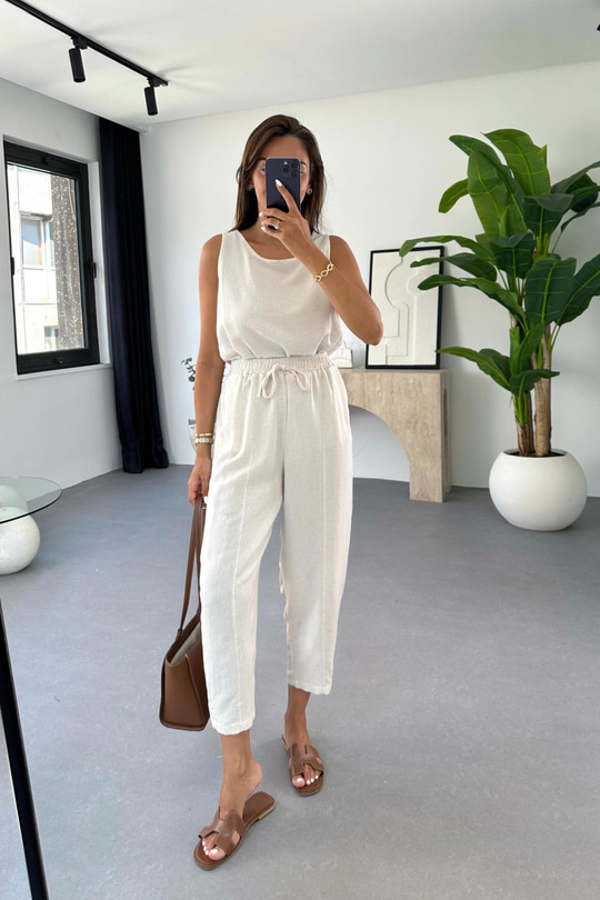 Tara Taş Beli Bağlamalı Bluz Pantolon Takım