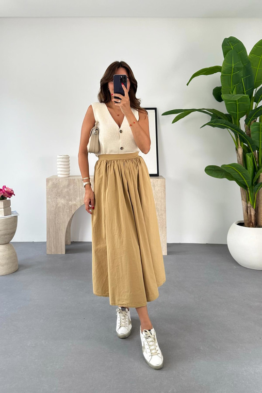Edena Camel Beli Lastikli Etek