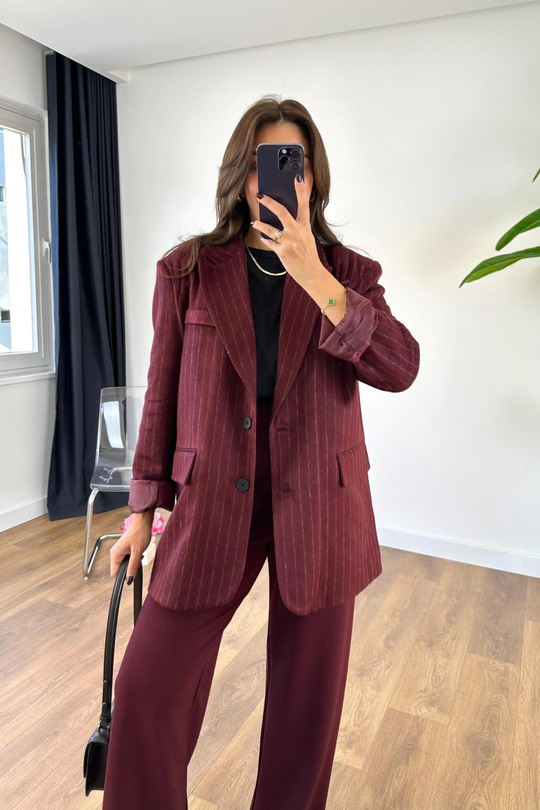Stone Bordo Çizgili Çift Düğmeli Kaşe Ceket