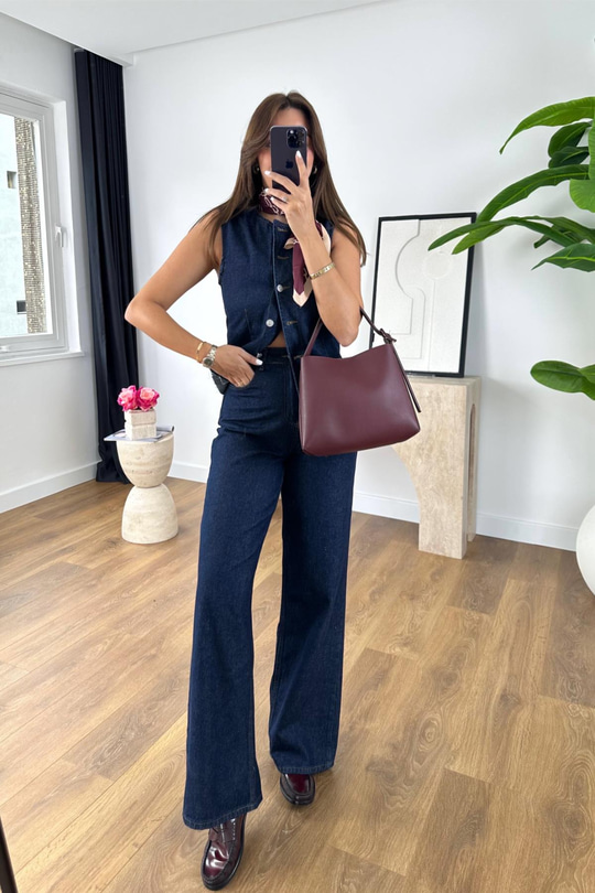 Lully Lacivert Denim Yelek Straight Pantolon Takım