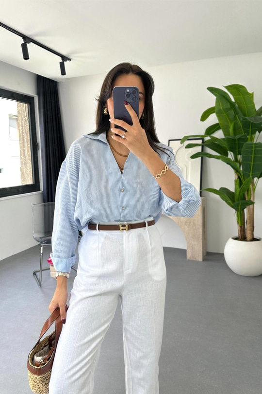 Mela Mavi Çizgili Oversize Gömlek