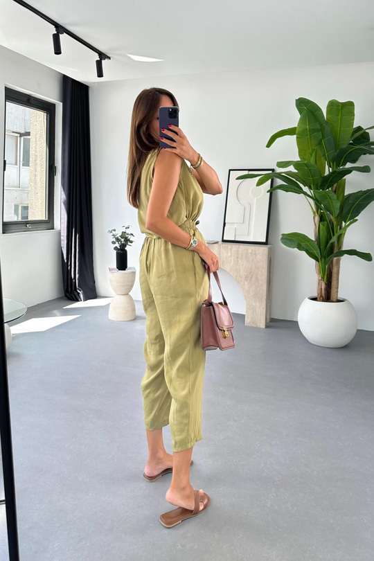 Mona Yağ Yeşili Beli Bağlamalı Bluz Pantolon Takım