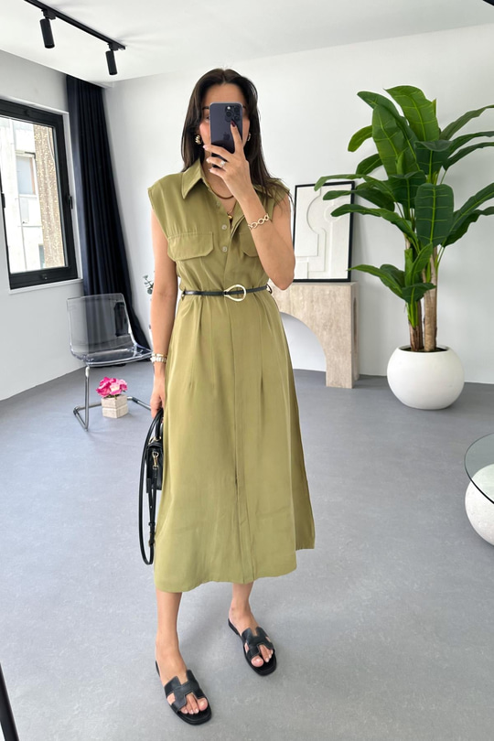 Liza Olive Kemer Detaylı Tensel Elbise