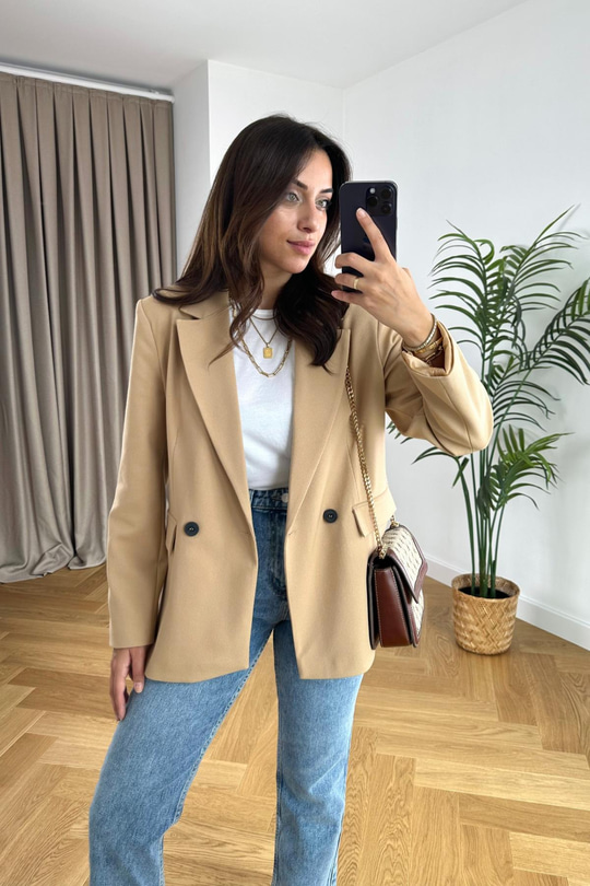 ZR Camel Düğme Detaylı Vatkalı Blazer