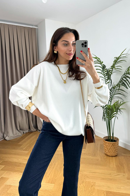 Jawty Ekru Dik Yaka Çelik Triko
