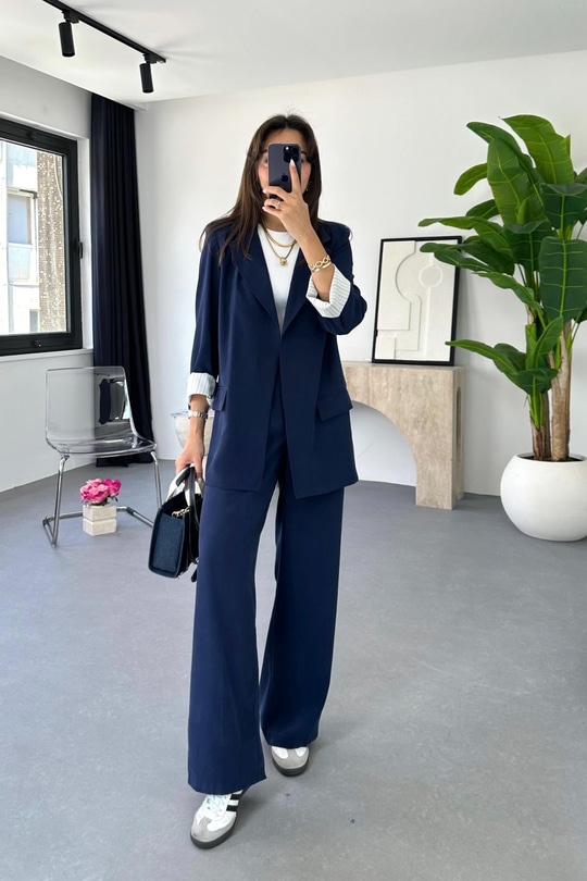 Dosy Lacivert Blazer Ceket Palazzo Pantolon Takım