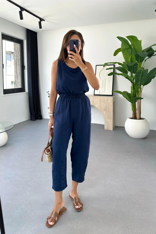Tara Lacivert Beli Bağlamalı Bluz Pantolon Takım