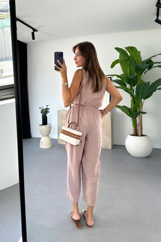 Mona Gül Kurusu Beli Bağlamalı Bluz Pantolon Takım