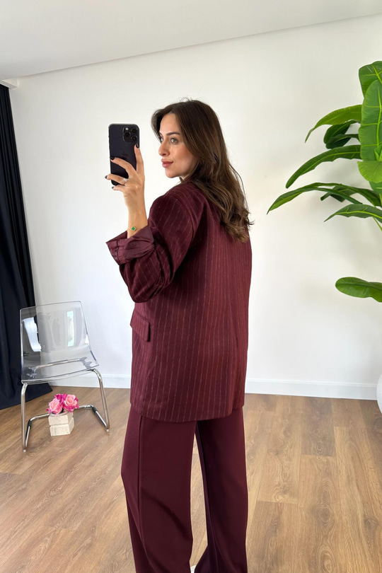 Stone Bordo Çizgili Çift Düğmeli Kaşe Ceket