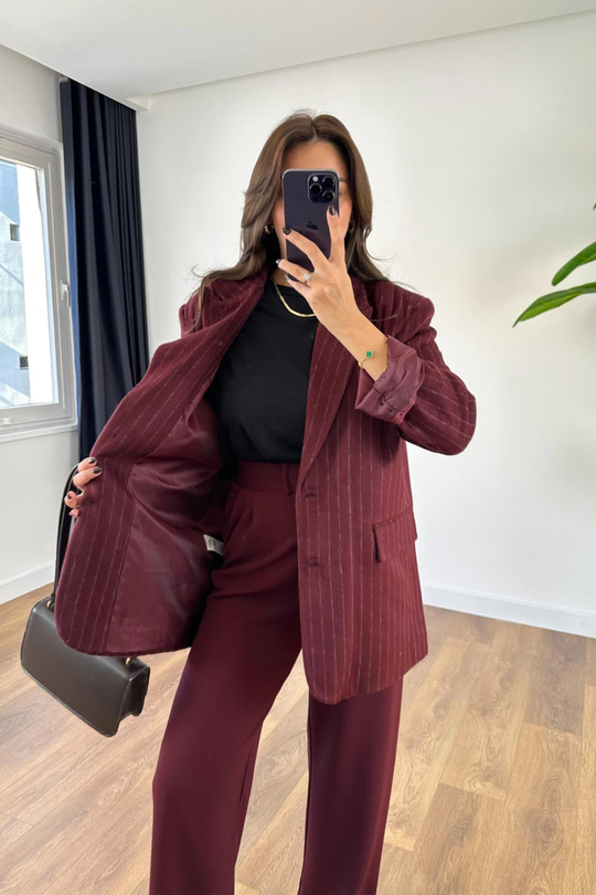 Stone Bordo Çizgili Çift Düğmeli Kaşe Ceket