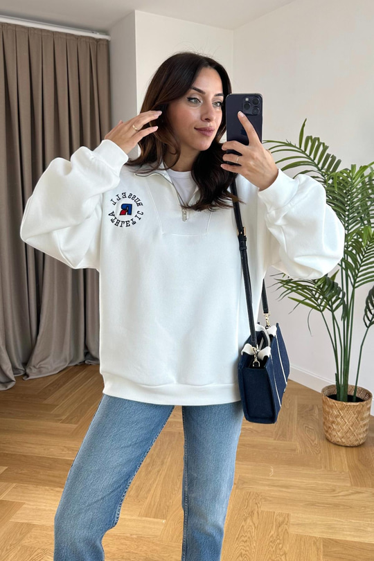 ZR RoseBall Beyaz Fermuar Detaylı Sweatshirt