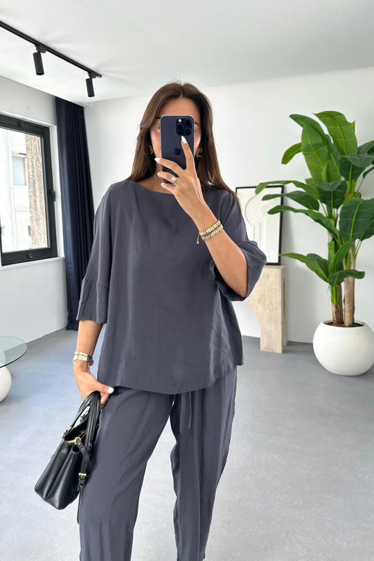 Mossa Antrasit Beli Lastikli Bluz Pantolon Takım