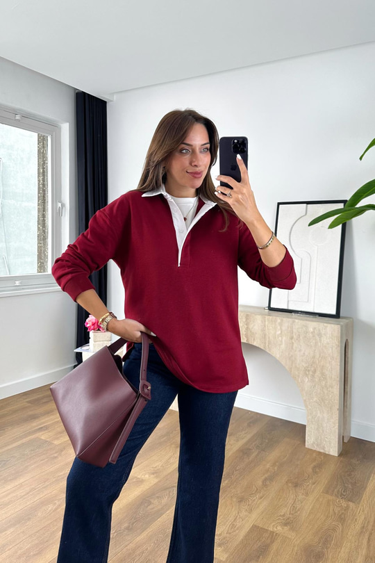 Jola Bordo Yaka Detaylı Sweatshirt