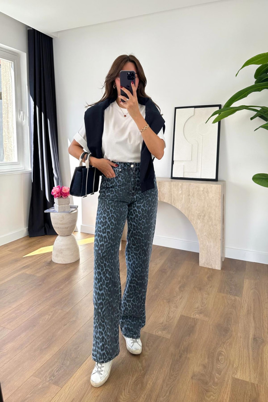 Zr Toxie Mavi Siyah Leopar Desenli Straight Jean