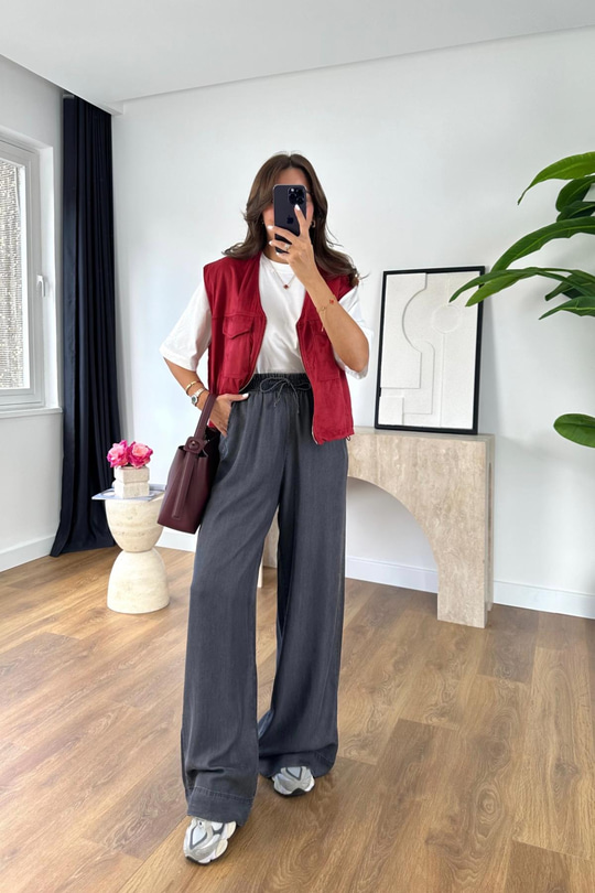 Kolse Antrasit Beli Lastikli Tencel Pantolon