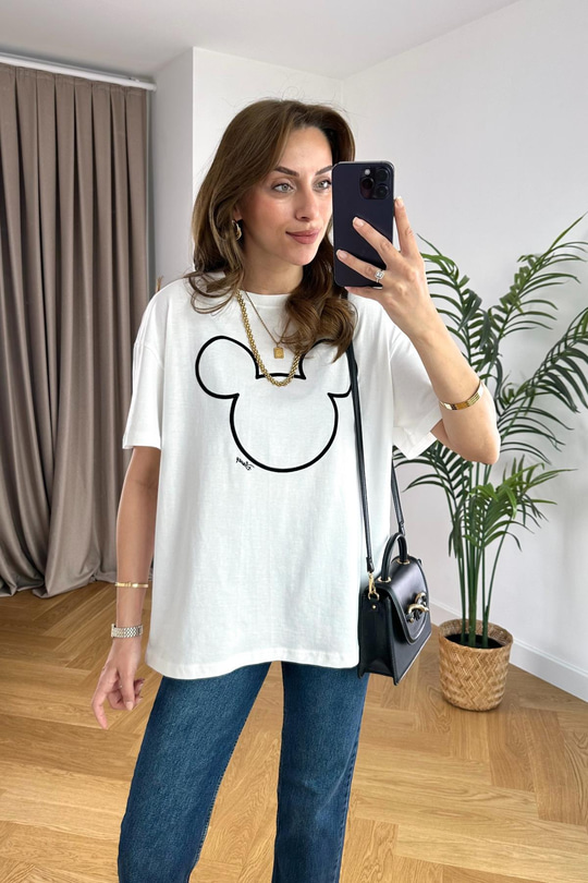 Mickey Detaylı Kırık Beyaz Tişört